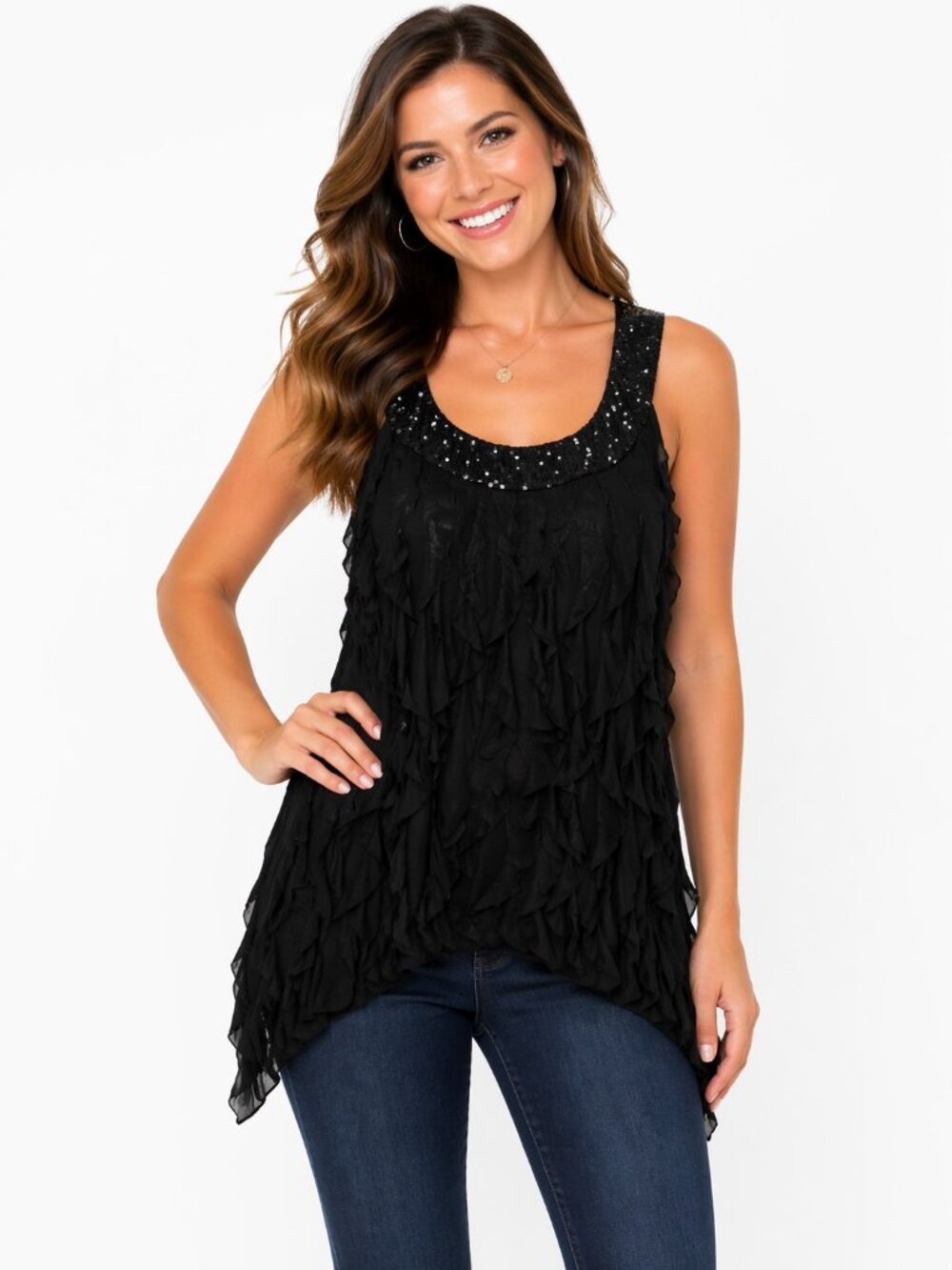 Cato Womens Sz Small Black Ruffle Tank Top Asymmetrical Sequin Sleeveless